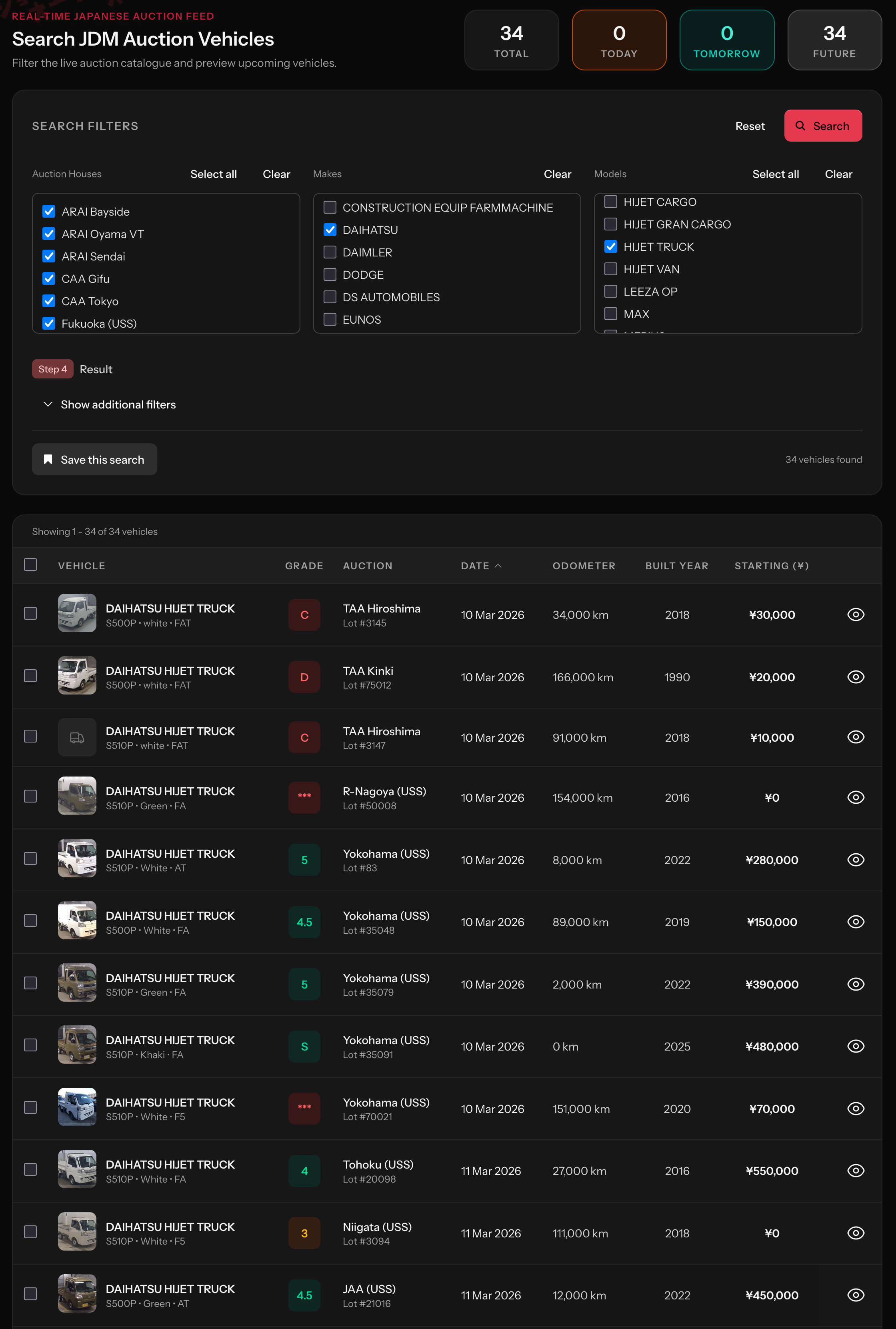 Japanese auction search controls for auction house, make, and model
