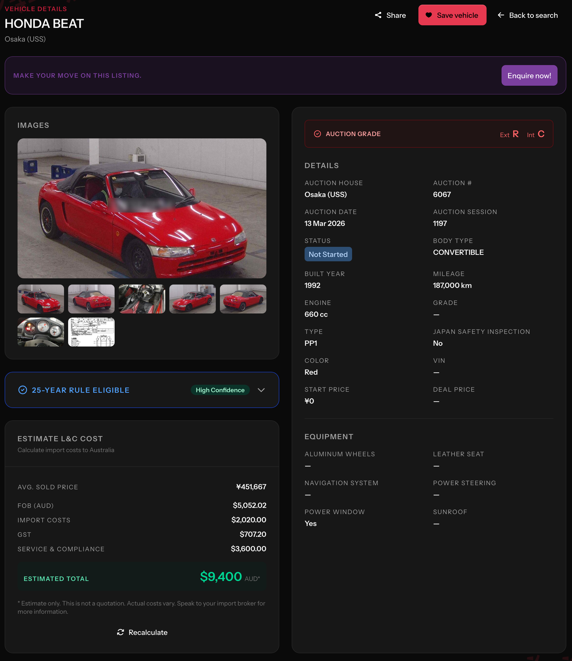JDM Auctions sold-price, eligibility, and landed-cost evidence for a vehicle